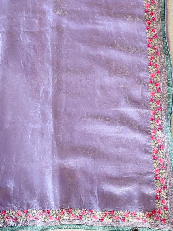 The Vritika Vilasa: Lilac Embroidered Tissue Saree