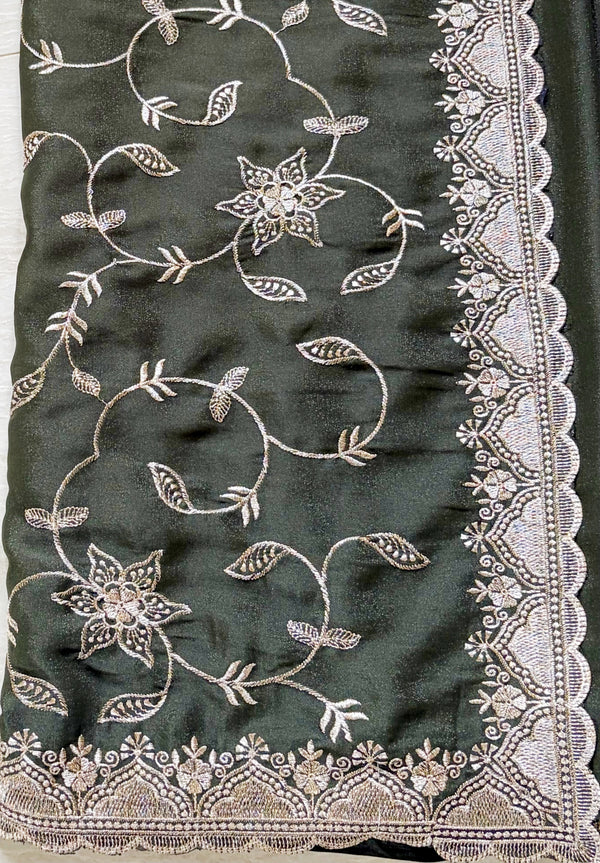 The Mandira Vilasa: Bottle Green Embroidered Saree