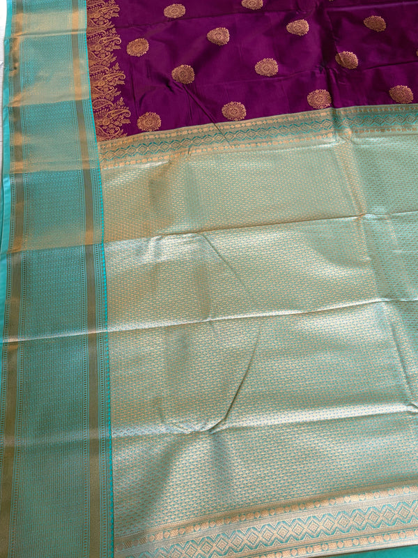 The Yamini Vilasa: Deep Plum & Turquoise Cyan Kanchipuram Silk Saree