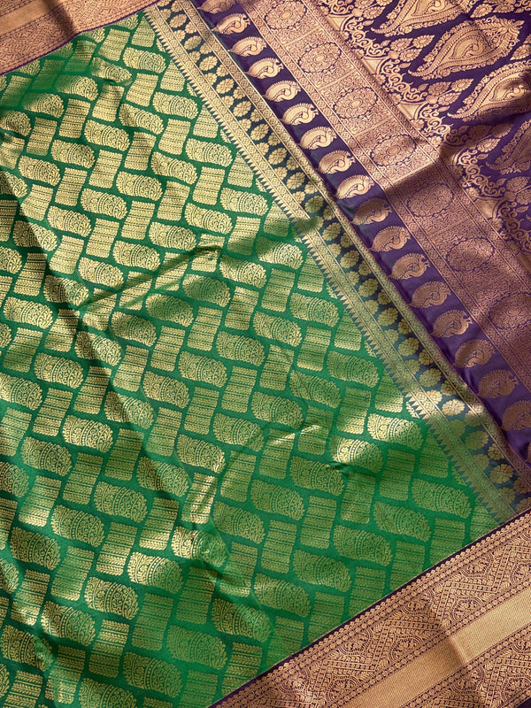 The Kadambari Vilasa: Sage Olive & Royal Purple Kanchipuram Silk Saree