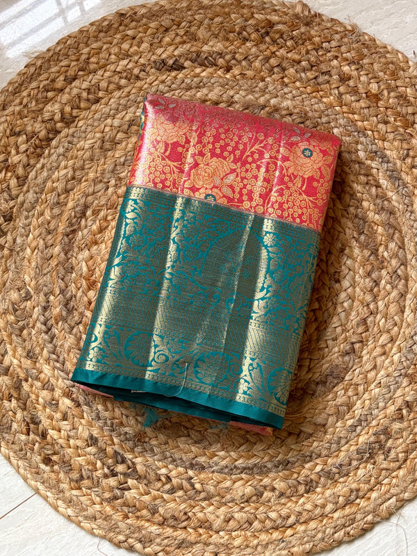 The Revati Vilasa: Coral Peach & Peacock Teal Kanchipuram Tissue Silk Saree