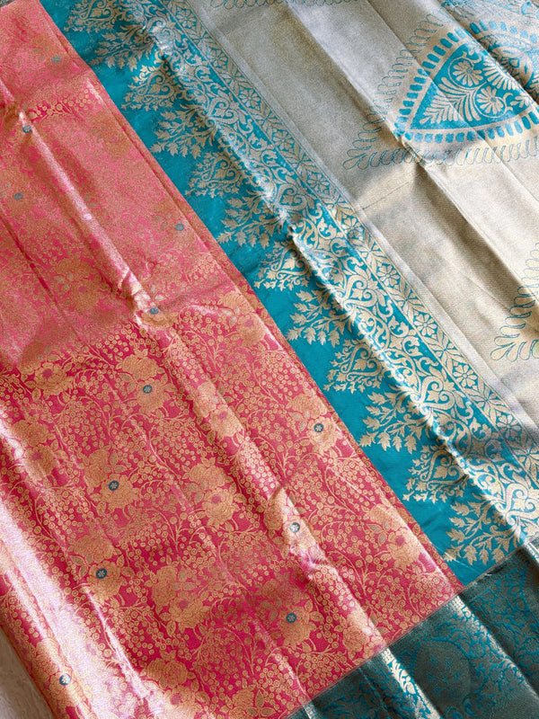 The Revati Vilasa: Coral Peach & Peacock Teal Kanchipuram Tissue Silk Saree