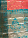 The Revati Vilasa: Coral Peach & Peacock Teal Kanchipuram Tissue Silk Saree