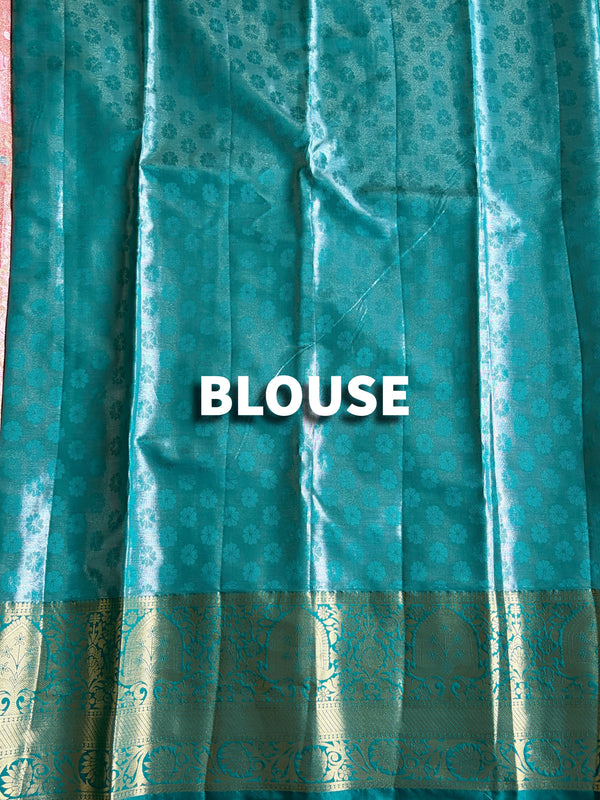 The Revati Vilasa: Coral Peach & Peacock Teal Kanchipuram Tissue Silk Saree