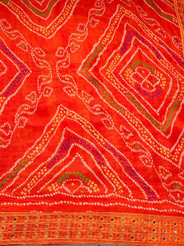 The Pavithra Riva: Marigold Orange Bandhani Printed Saree with Mirror Work Lace