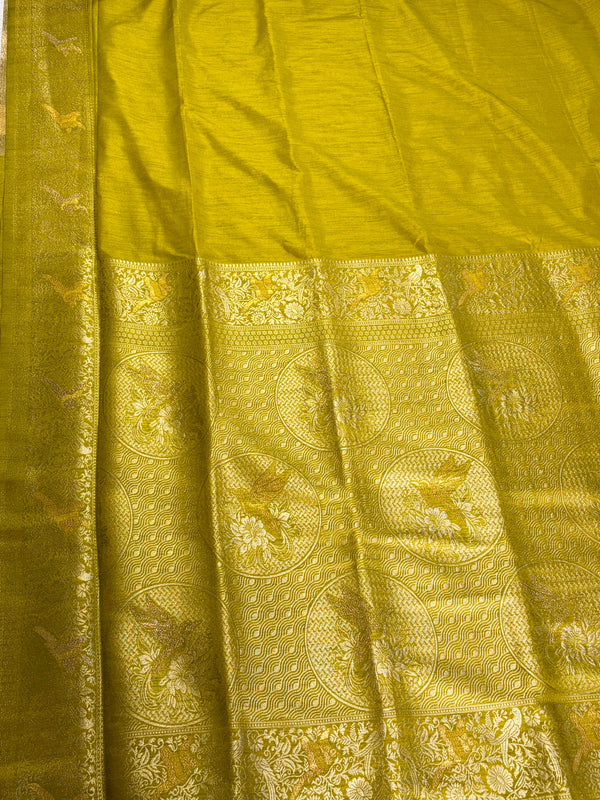 The Kritika Malini: Olive Green & Gold Raw Silk Saree