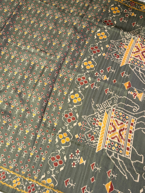 The Olive Procession: Sage Olive Cotton Silk Saree with Madhubani Elephant Motif Pallu