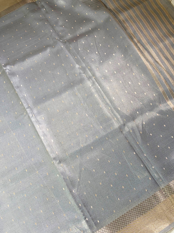The Sterling Glint: Metallic Grey Banarasi Tissue Cotton Saree with Classic Gold Zari Border