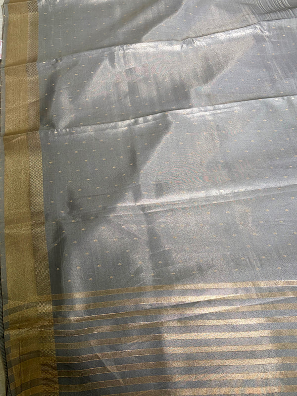 The Sterling Glint: Metallic Grey Banarasi Tissue Cotton Saree with Classic Gold Zari Border