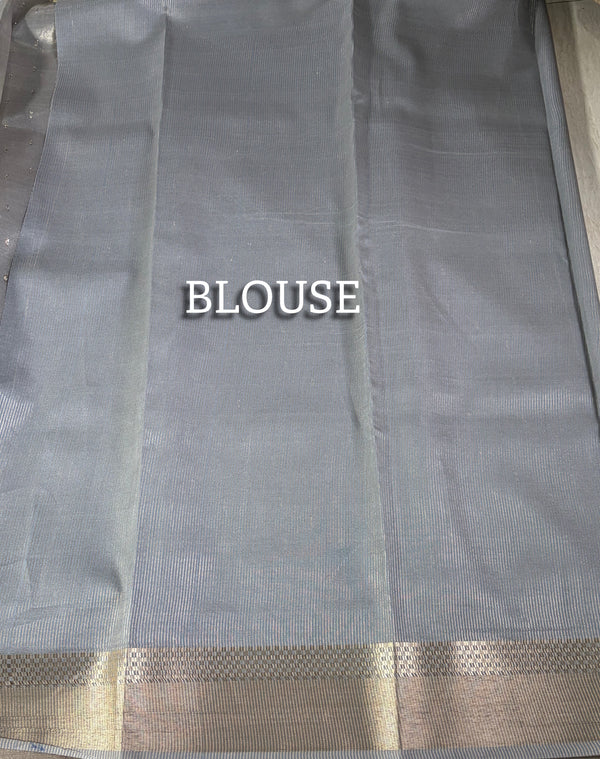 The Sterling Glint: Metallic Grey Banarasi Tissue Cotton Saree with Classic Gold Zari Border
