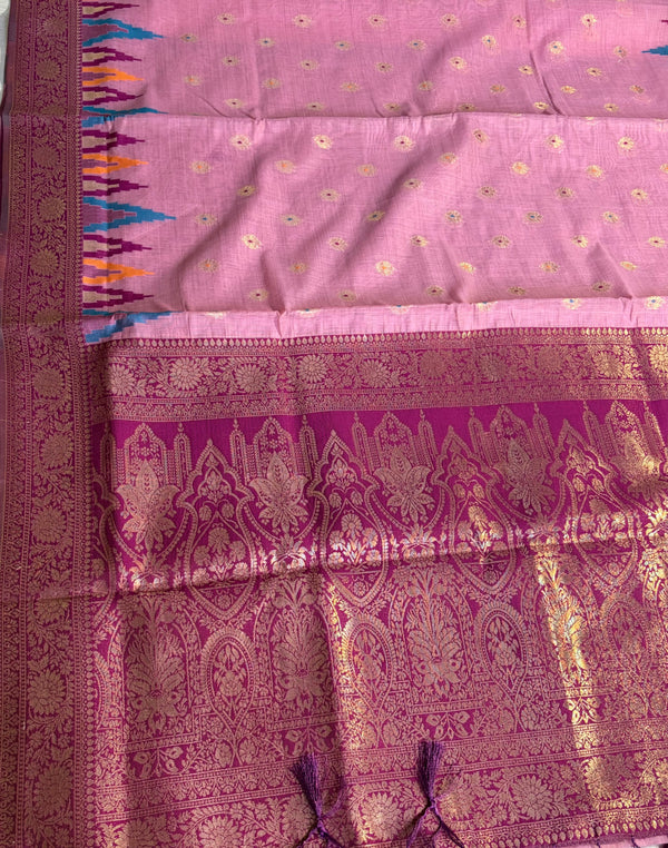 The Blush Temple: Pastel Pink Organic Linen Saree with Temple Ikat & Gold Zari