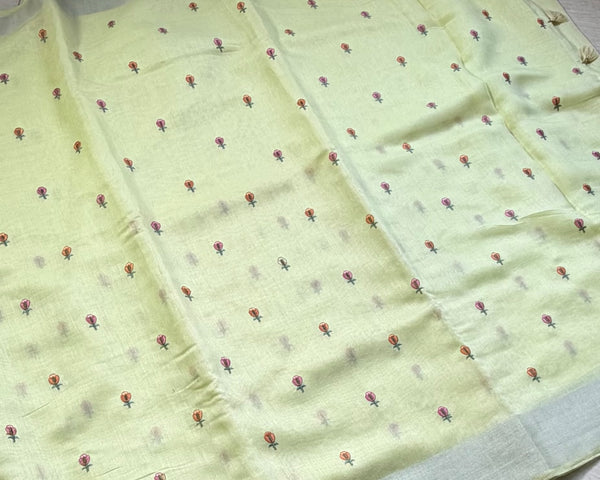 The Limelight Glow: Pastel Lemon Linen Saree with Micro-Floral Weaving & Silver Borders