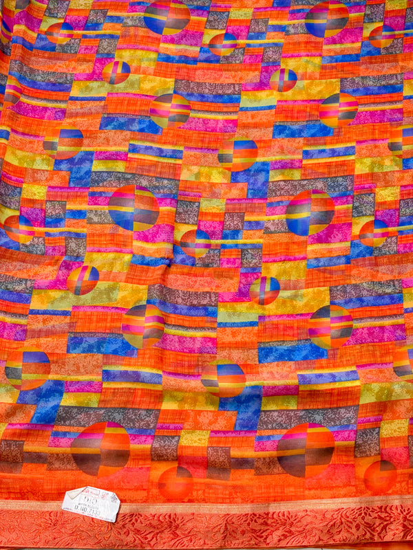 The Agni Ira: Tangerine Abstract Printed Chiffon Saree