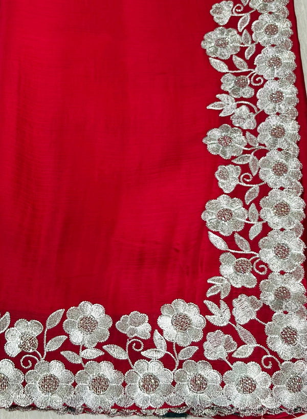 The Scarlet Rose: Crimson Red Georgette Saree with Ornate Floral Scalloped Border