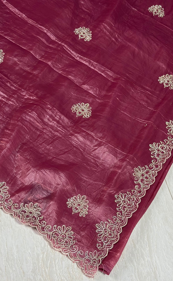 The Royal Amethyst: Mauve-Plum Tissue Silk Saree with Scalloped Zardosi Border
