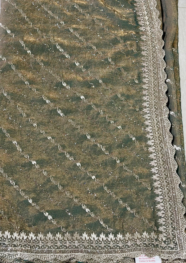 The Olive Grid: Sage-Khaki Chiffon Saree with Diagonal Sequin Leheriya