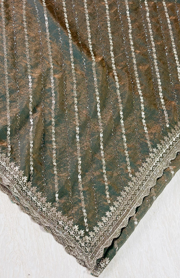 The Olive Grid: Sage-Khaki Chiffon Saree with Diagonal Sequin Leheriya