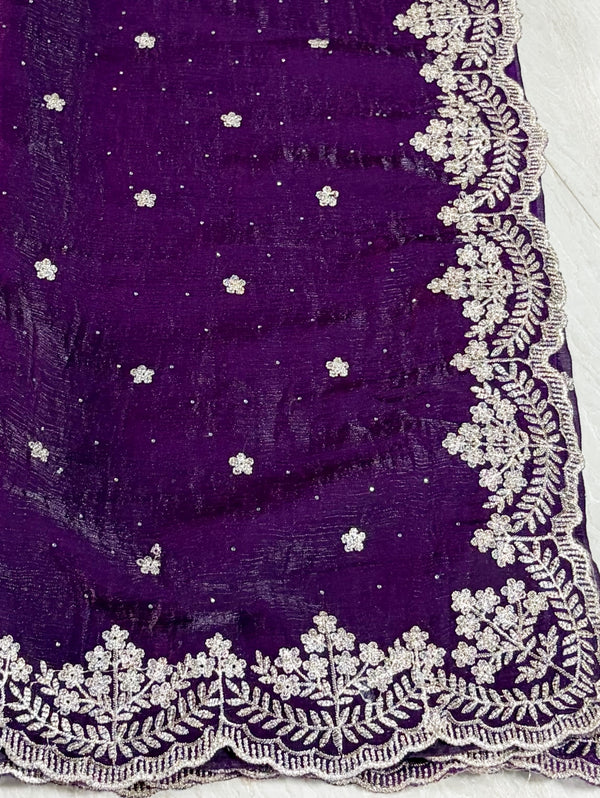 The Imperial Plum: Deep Violet Georgette Saree with Ornate Scalloped Thread Border