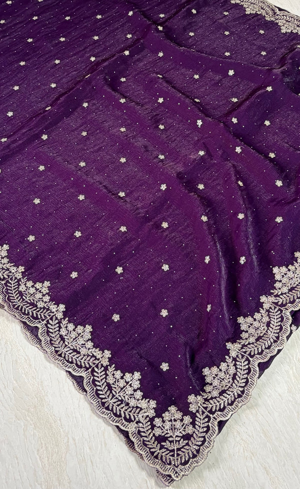 The Imperial Plum: Deep Violet Georgette Saree with Ornate Scalloped Thread Border