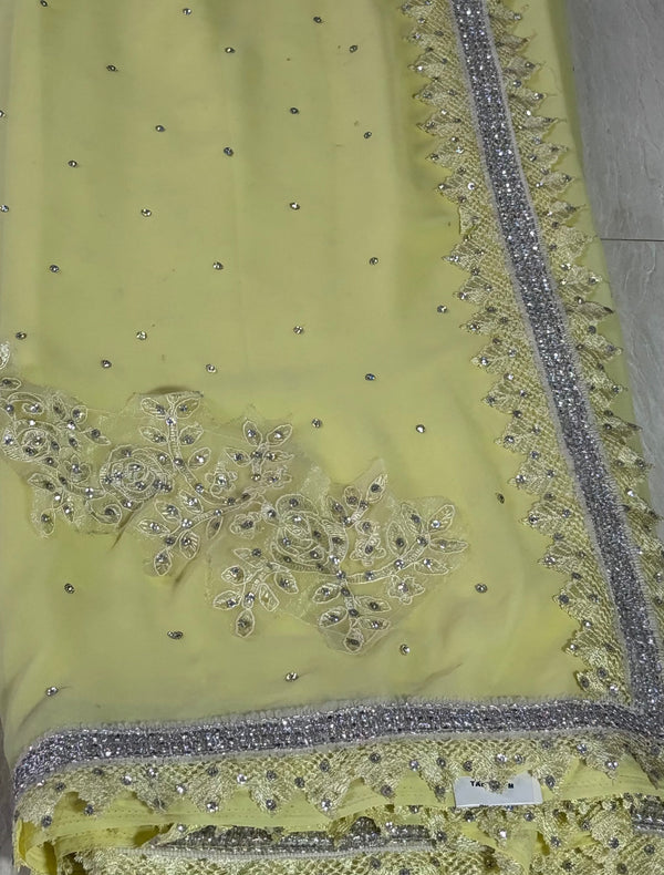 The Primrose Glint: Pastel Yellow Chiffon Saree with Moti & Sequin Border