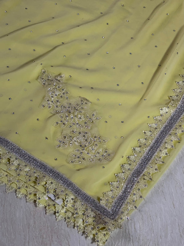 The Primrose Glint: Pastel Yellow Chiffon Saree with Moti & Sequin Border