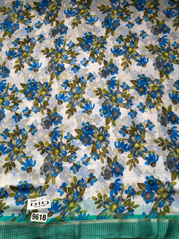 The Charvi Riva: Powder White & Cerulean Floral Printed Saree