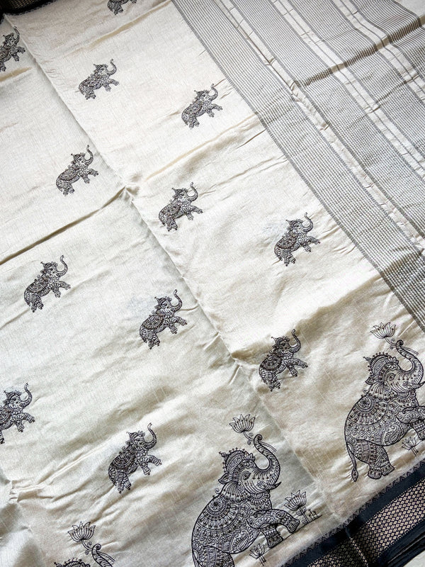 The Gajendra Vilasa: Off-White & Charcoal Black Embroidered Tussar Silk Cotton Saree