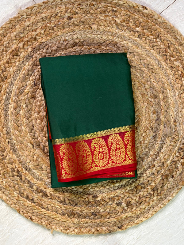 The Devika Vilasa: Emerald Green & Crimson Mysore Crepe Silk Saree