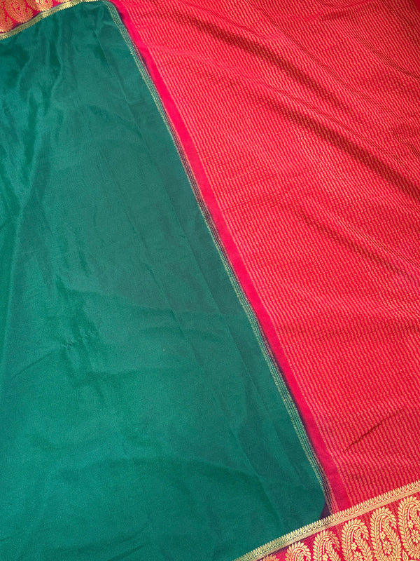 The Devika Vilasa: Emerald Green & Crimson Mysore Crepe Silk Saree
