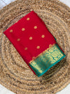 The Vasundhara Vilasa: Vermilion Red & Peacock Blue Mysore Crepe Silk Saree