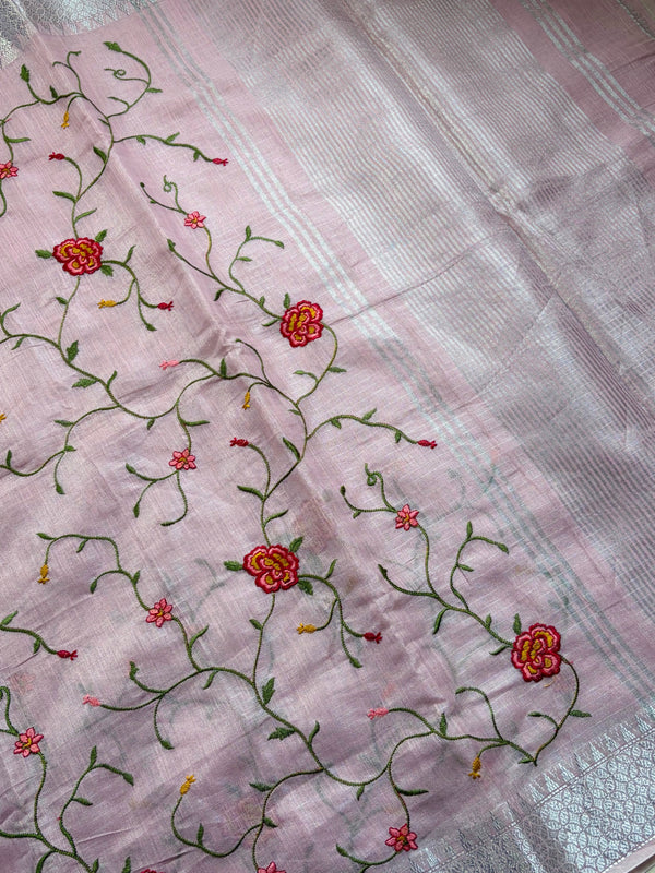 The Charu Nila: Blush Pink Embroidered Pure Linen Saree
