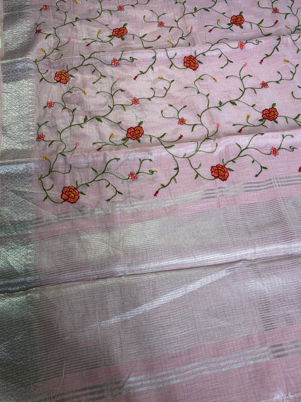 The Charu Nila: Blush Pink Embroidered Pure Linen Saree