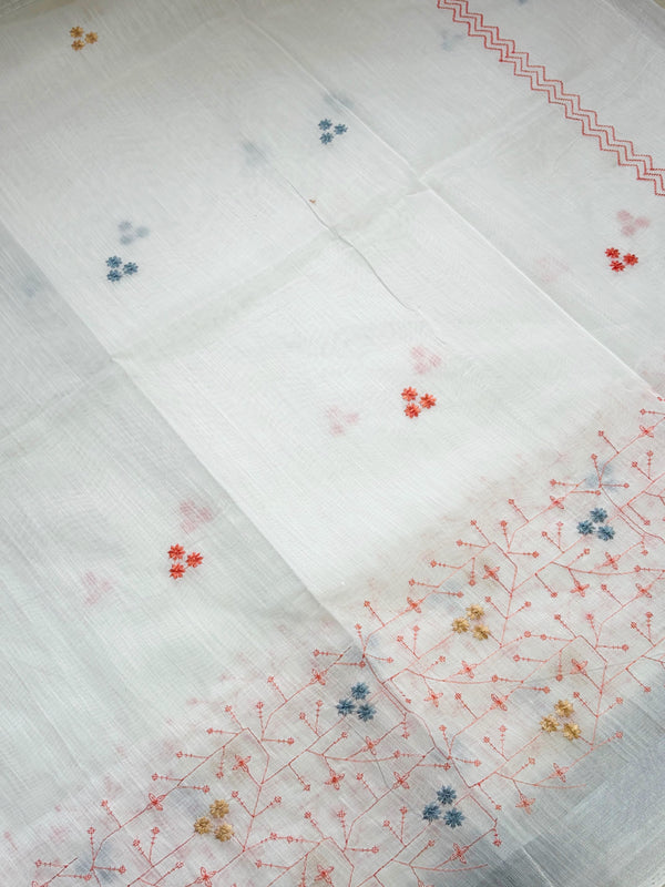 The Shweta Malini: Pure White Embroidered Cotton Saree
