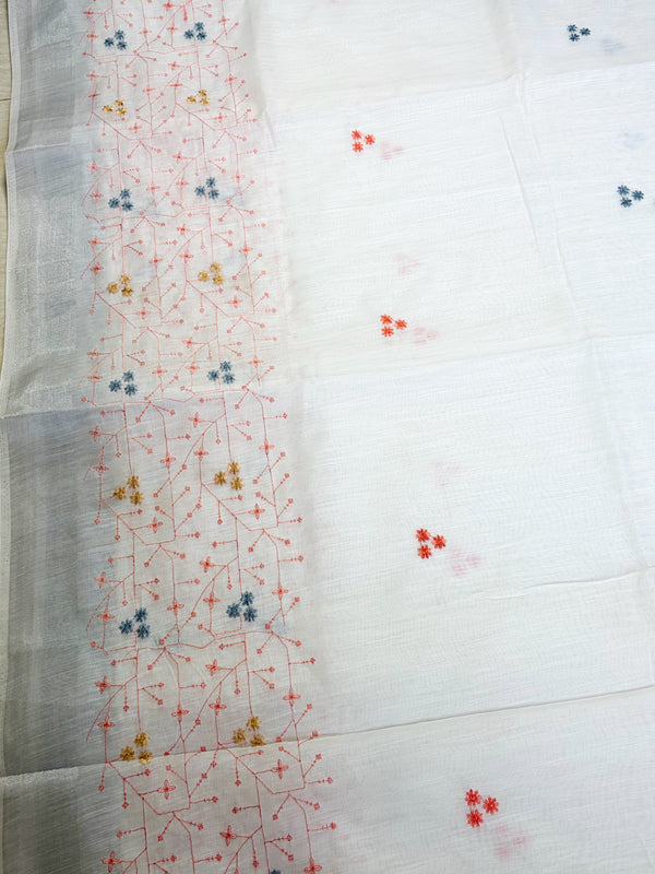 The Shweta Malini: Pure White Embroidered Cotton Saree