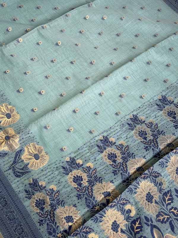 The Neerja Ira: Seafoam Green Pure Linen Saree