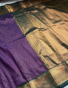 The Royal Lattice: Deep Violet Kanchipuram Silk Saree with Emerald Green & Gold Zari Border