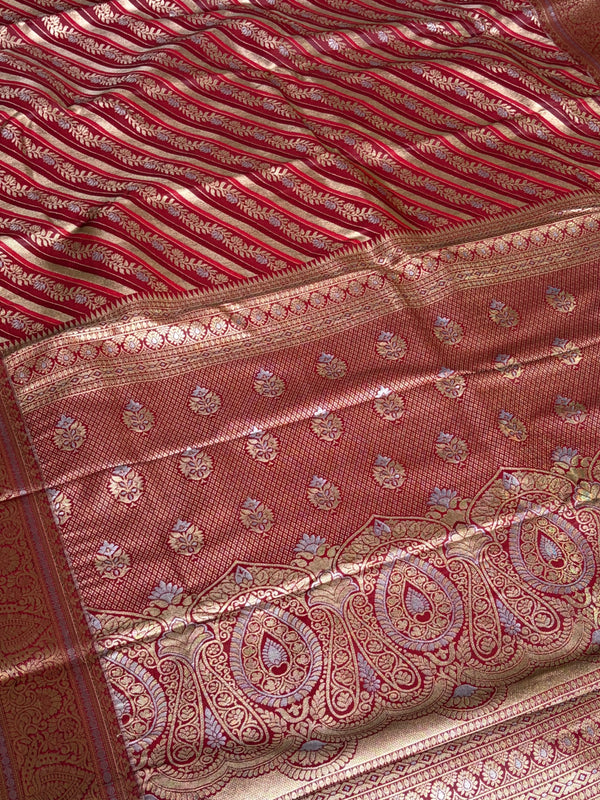 The Heritage Streak: Deep Maroon Kanchipuram Silk Saree with Diagonal Zari Leheriya