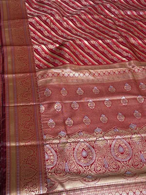 The Heritage Streak: Deep Maroon Kanchipuram Silk Saree with Diagonal Zari Leheriya