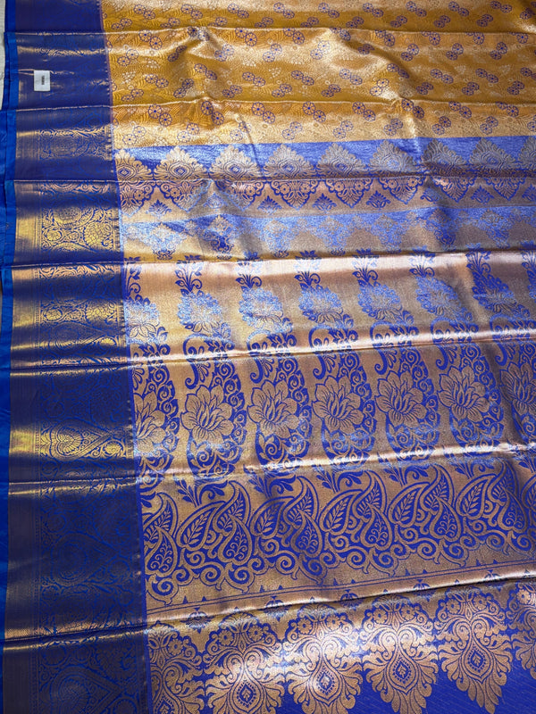The Royal Kanjivaram: Mustard Gold Kanchipuram Silk Saree with Indigo Blue Zari Border