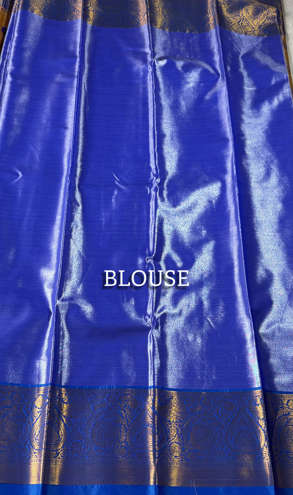 The Royal Kanjivaram: Mustard Gold Kanchipuram Silk Saree with Indigo Blue Zari Border