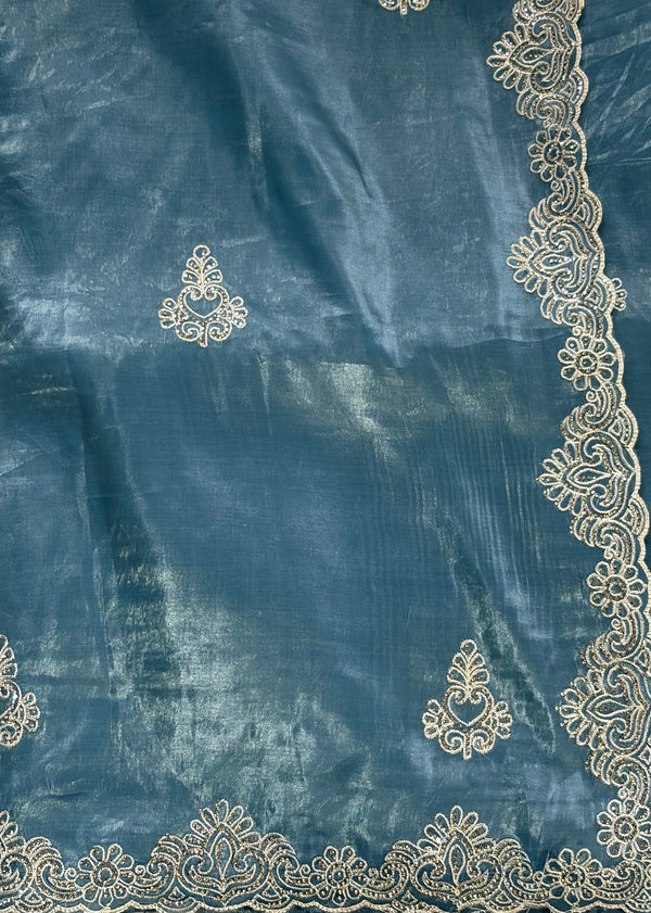 The Meghna Yamuna: Steel Blue Embroidered Raw Silk Saree