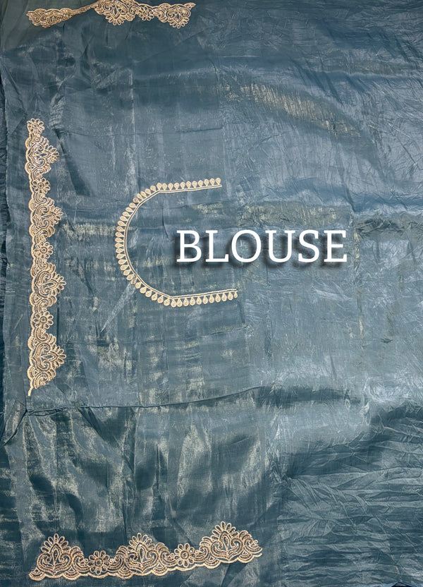 The Meghna Yamuna: Steel Blue Embroidered Raw Silk Saree
