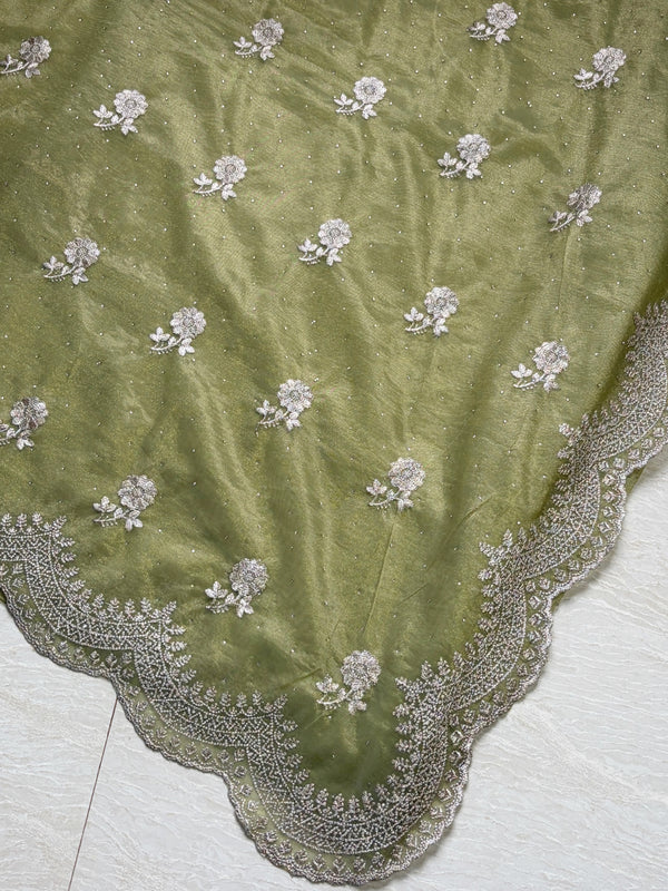 The Kritika Mayura: Olive Green Tissue Organza Saree