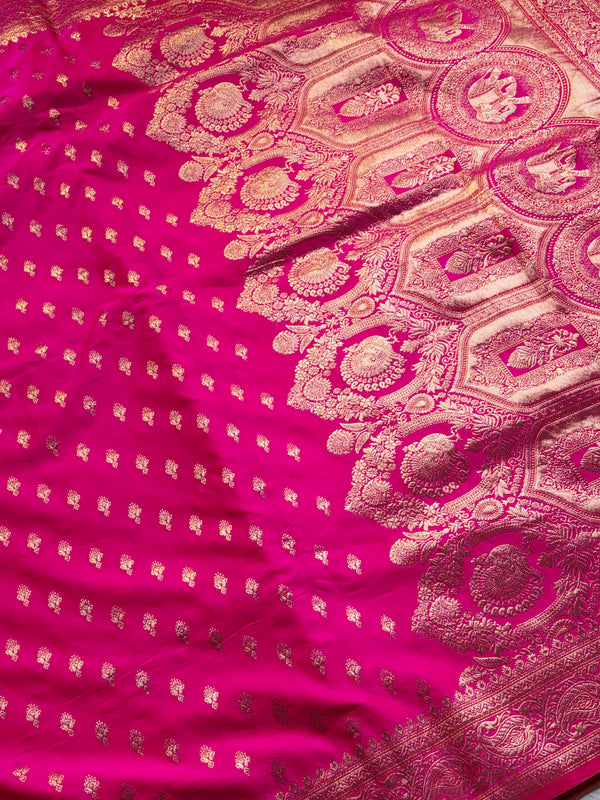 The Gulabi Gulzar: Rani Pink Banarasi Silk Saree With Gold Zari Buta