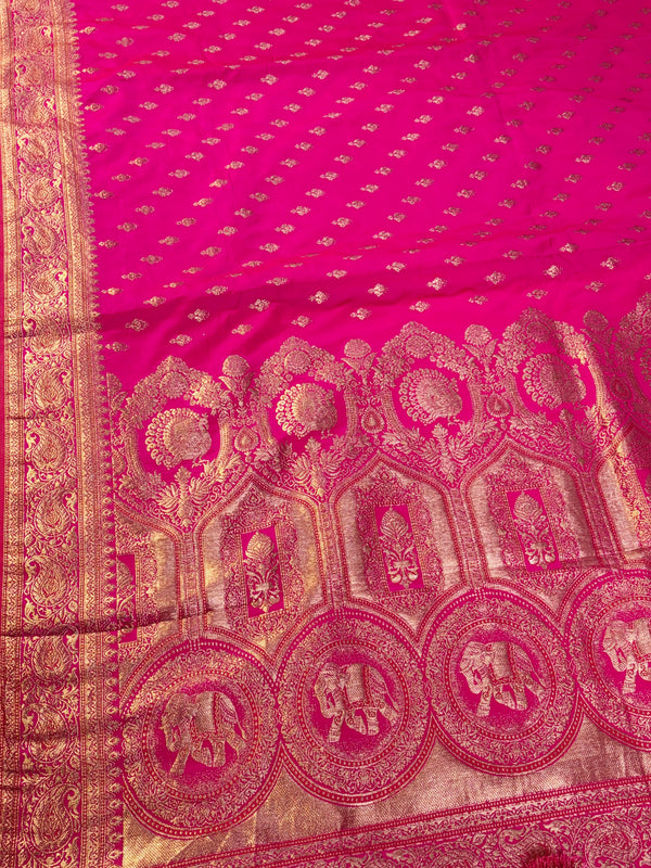 The Gulabi Gulzar: Rani Pink Banarasi Silk Saree With Gold Zari Buta