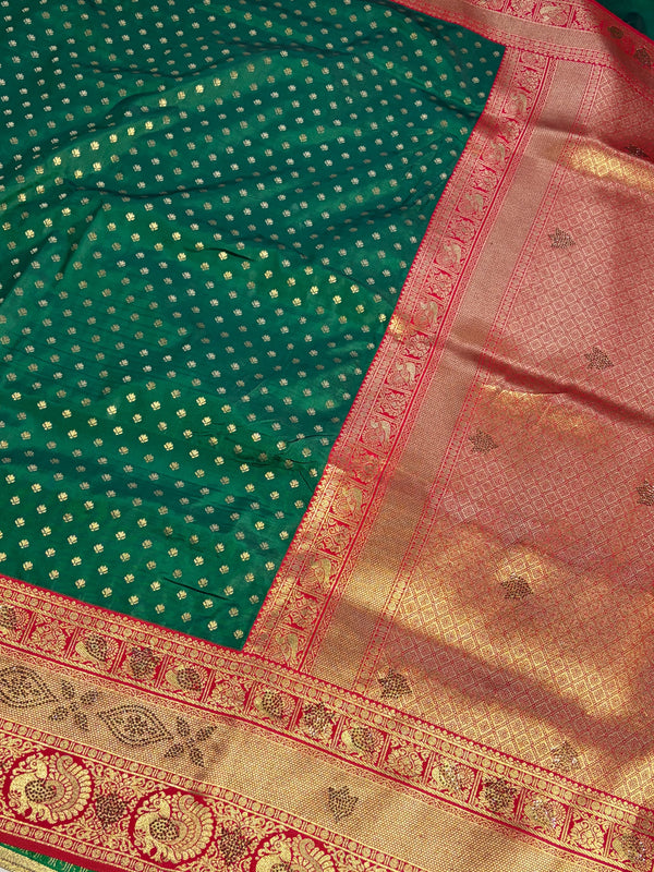The Emerald Queen: Emerald Green Silk Saree With Crimson Red Zari Border