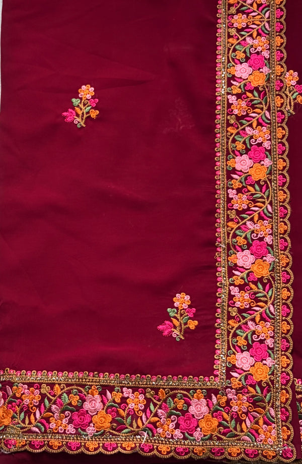 The Sharanya Riva: Deep Maroon & Multicolor Threadwork Embroidered Saree