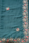The Tanvi Riva: Peacock Teal Floral Embroidered Georgette Saree