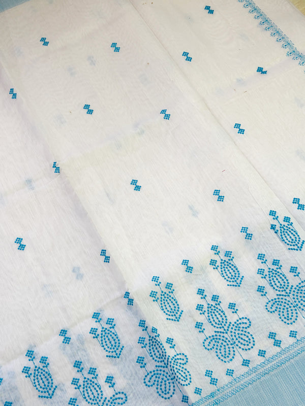 The Lavanya Riva: Pristine White & Sky Blue Embroidered Cotton Saree