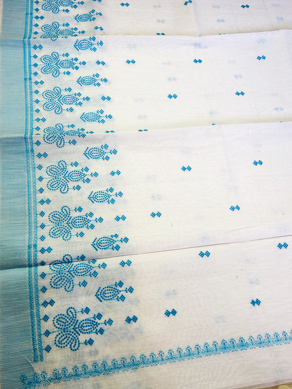 The Lavanya Riva: Pristine White & Sky Blue Embroidered Cotton Saree